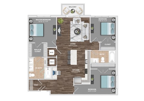 Floor plan for 3 beds, 2 baths, 1336 sqft